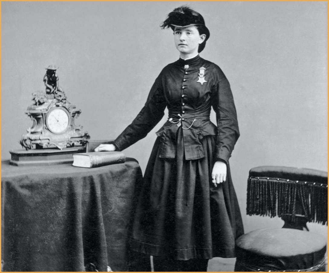 Dr. Mary Edwards Walker standing beside a table