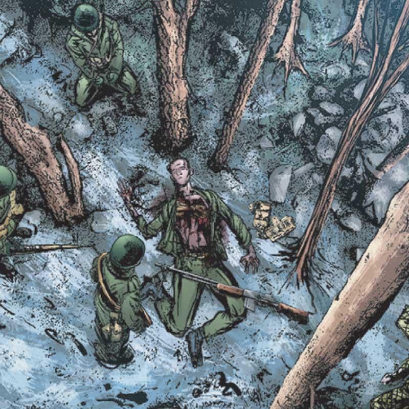 Illustration of fellow soldiers finding Mitchell Red Cloud, Jr.